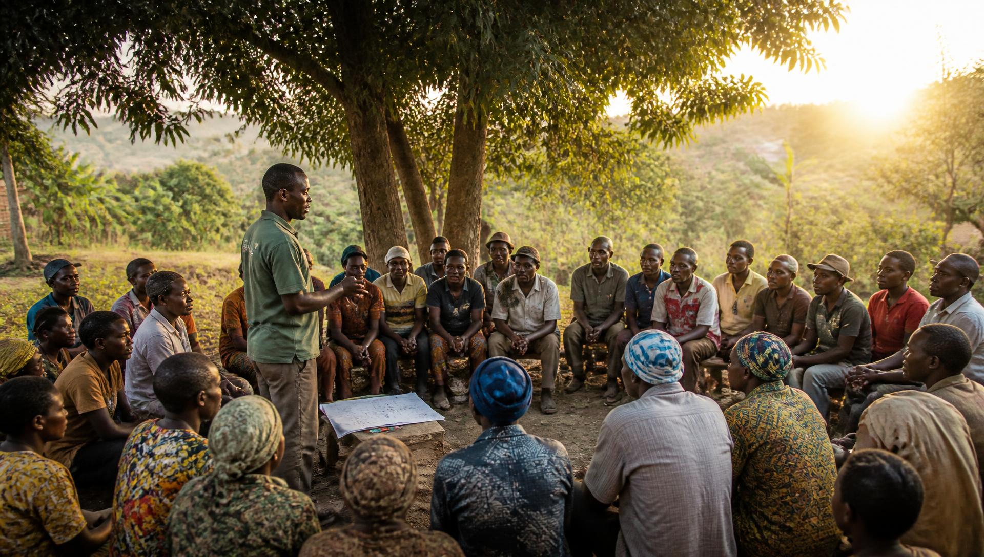 Community members gathered in a cooperative meeting under trees at golden hour